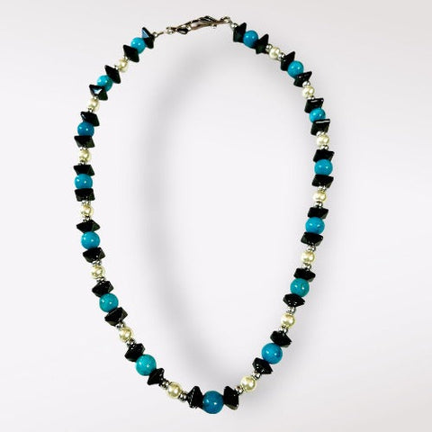 magnetic hematite, pearl and turquoise necklace