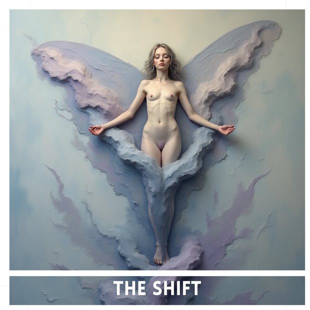 Artistic depiction of a nude figure with butterfly wings against a soft, pastel background with &