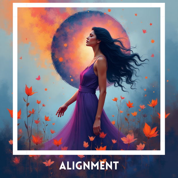 Woman in a purple dress standing in a field of flowers with a colorful moon in the sky, titled &