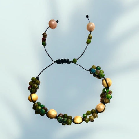 Ruby Fuchsite, Palo Santo and Moonstone Adjustable Bracelet