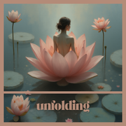 Woman sitting inside a pink lotus flower with 'unfolding' text at the bottom.