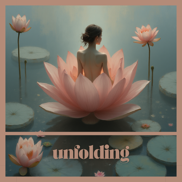 Woman sitting inside a pink lotus flower with &