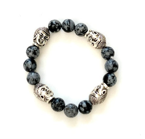 Buddha and Snowflake Obsidian Stretch Bracelet